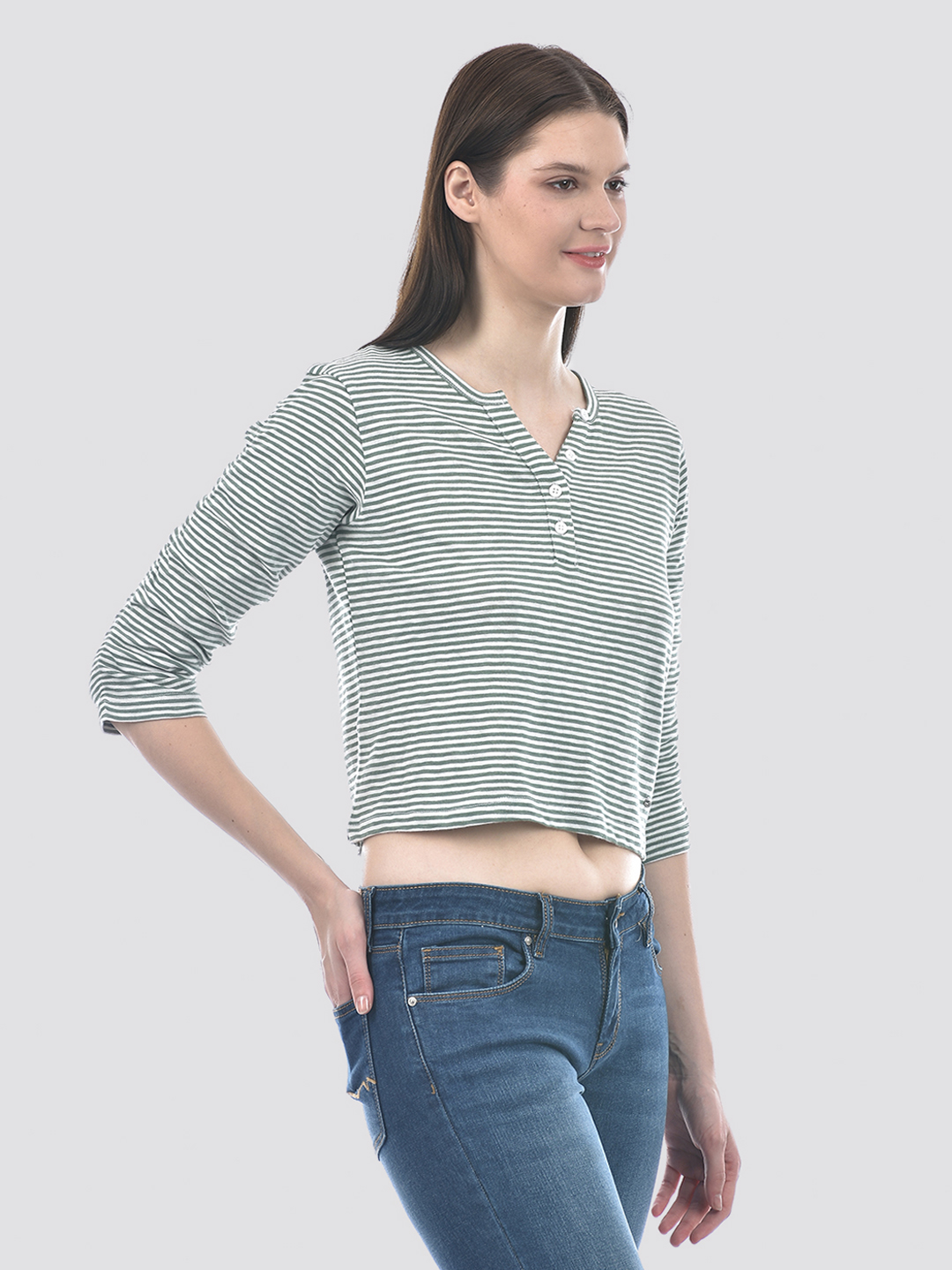 Numero Uno Women Green & White Striped Henley T-Shirt